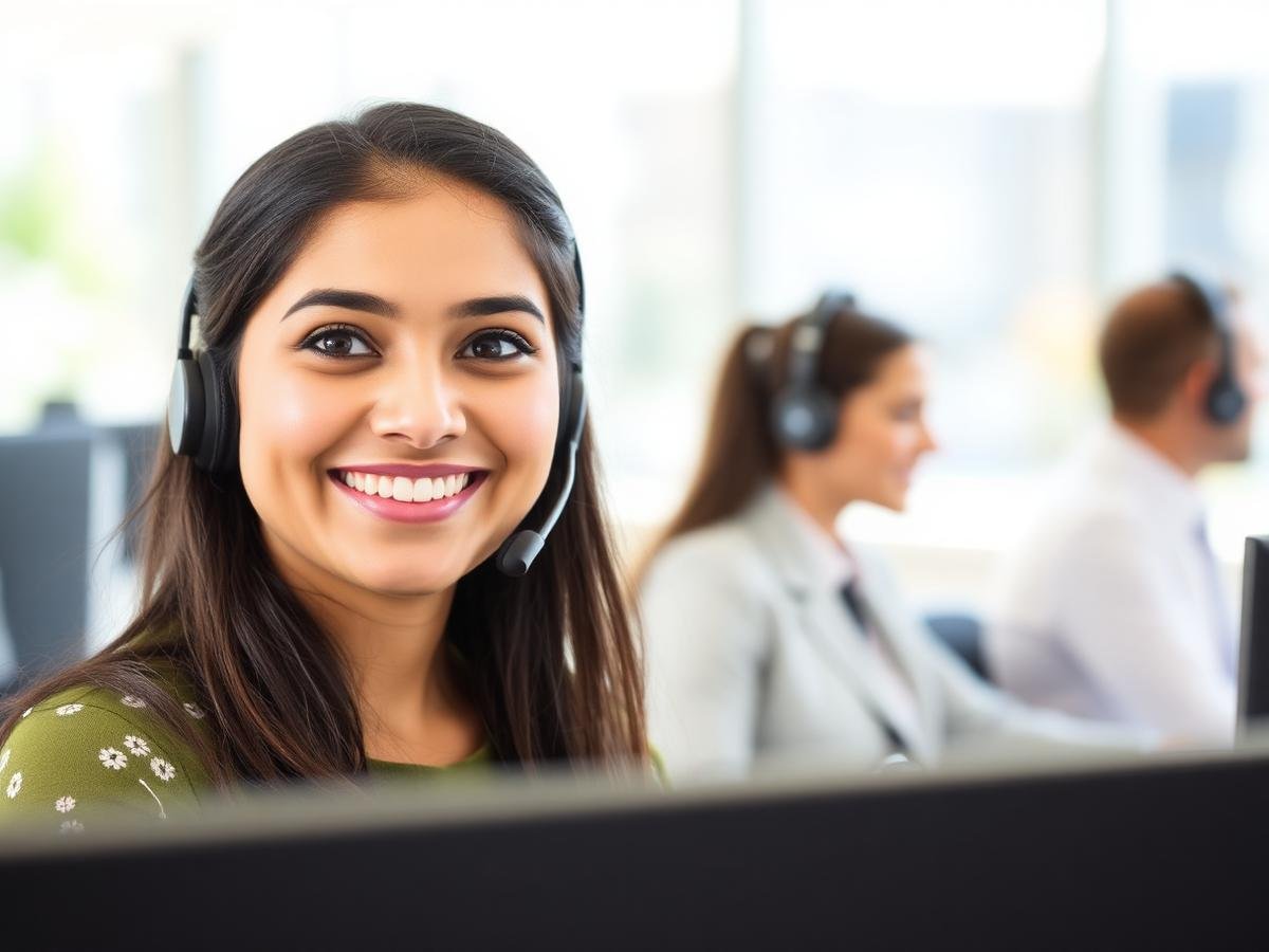 Smiling support agent at her workstation